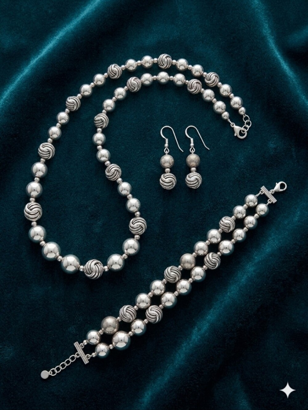 Estate Silver-Tone Beaded Necklace, Bracelet & Earrings Set